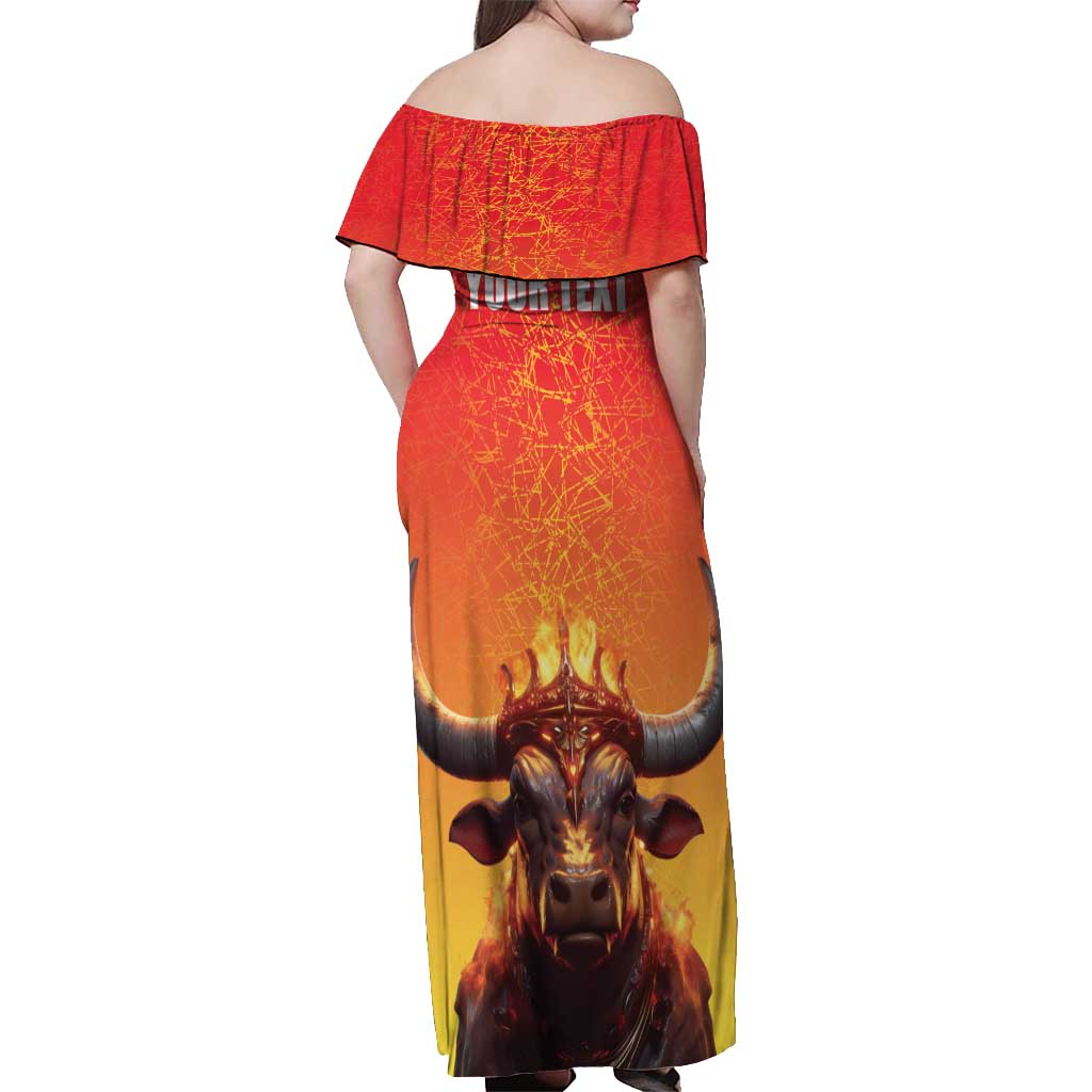 Personalized Spain Bull with Crown Off Shoulder Maxi Dress Espana Flag with Coat of Arms