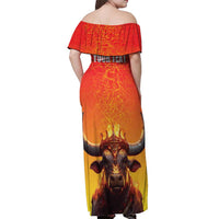 Personalized Spain Bull with Crown Off Shoulder Maxi Dress Espana Flag with Coat of Arms