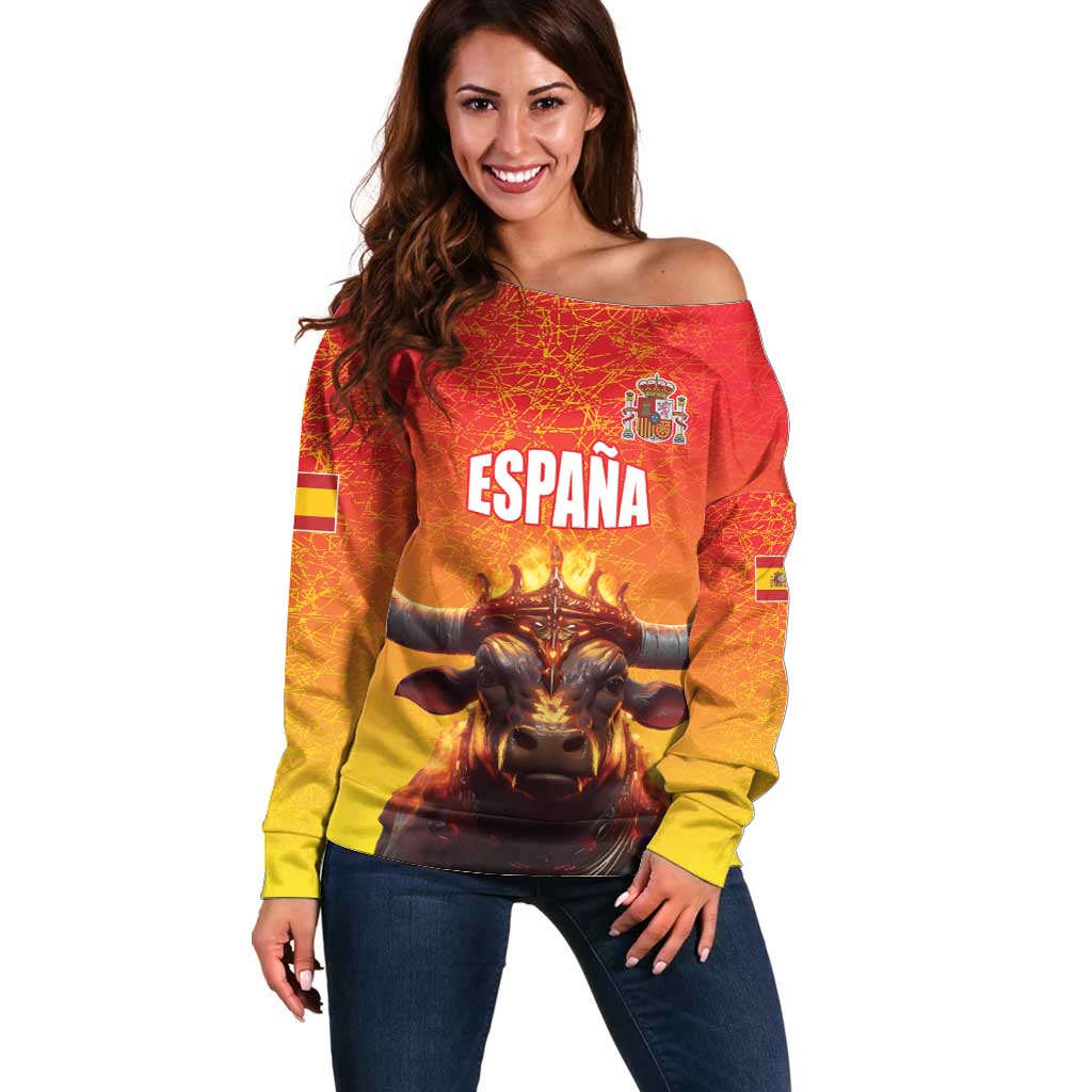 Personalized Spain Bull with Crown Off Shoulder Sweater Espana Flag with Coat of Arms
