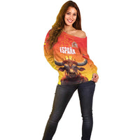 Personalized Spain Bull with Crown Off Shoulder Sweater Espana Flag with Coat of Arms