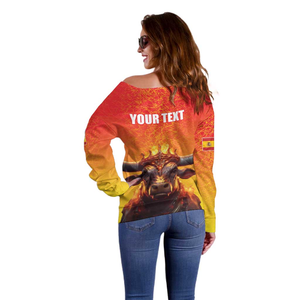 Personalized Spain Bull with Crown Off Shoulder Sweater Espana Flag with Coat of Arms