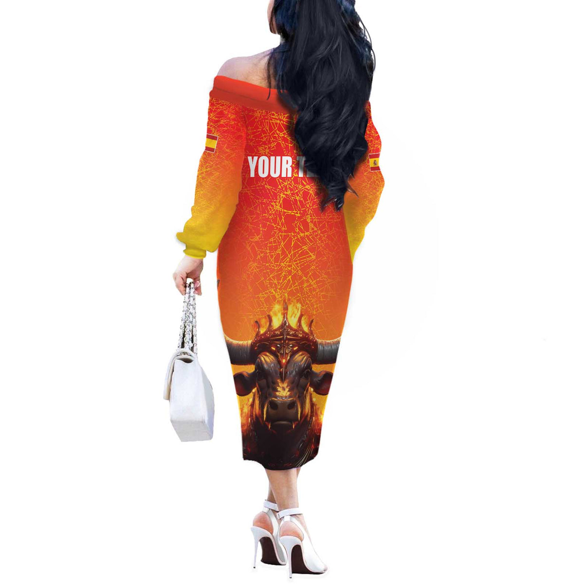 Personalized Spain Bull with Crown Off The Shoulder Long Sleeve Dress Espana Flag with Coat of Arms