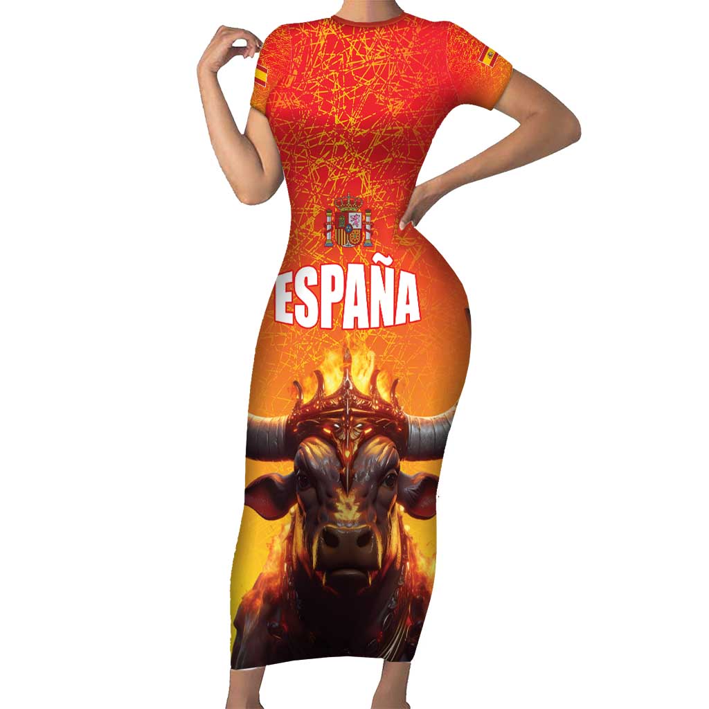 Personalized Spain Bull with Crown Short Sleeve Bodycon Dress Espana Flag with Coat of Arms