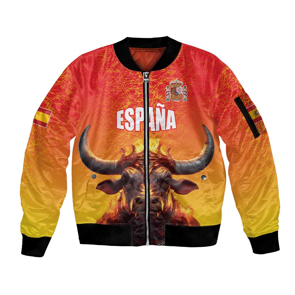 Personalized Spain Bull with Crown Sleeve Zip Bomber Jacket Espana Flag with Coat of Arms