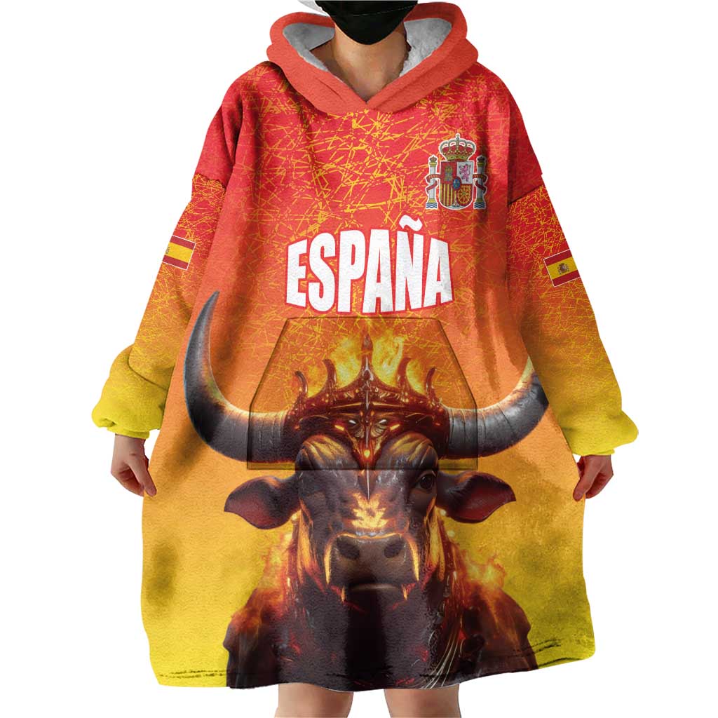 Personalized Spain Bull with Crown Wearable Blanket Hoodie Espana Flag with Coat of Arms