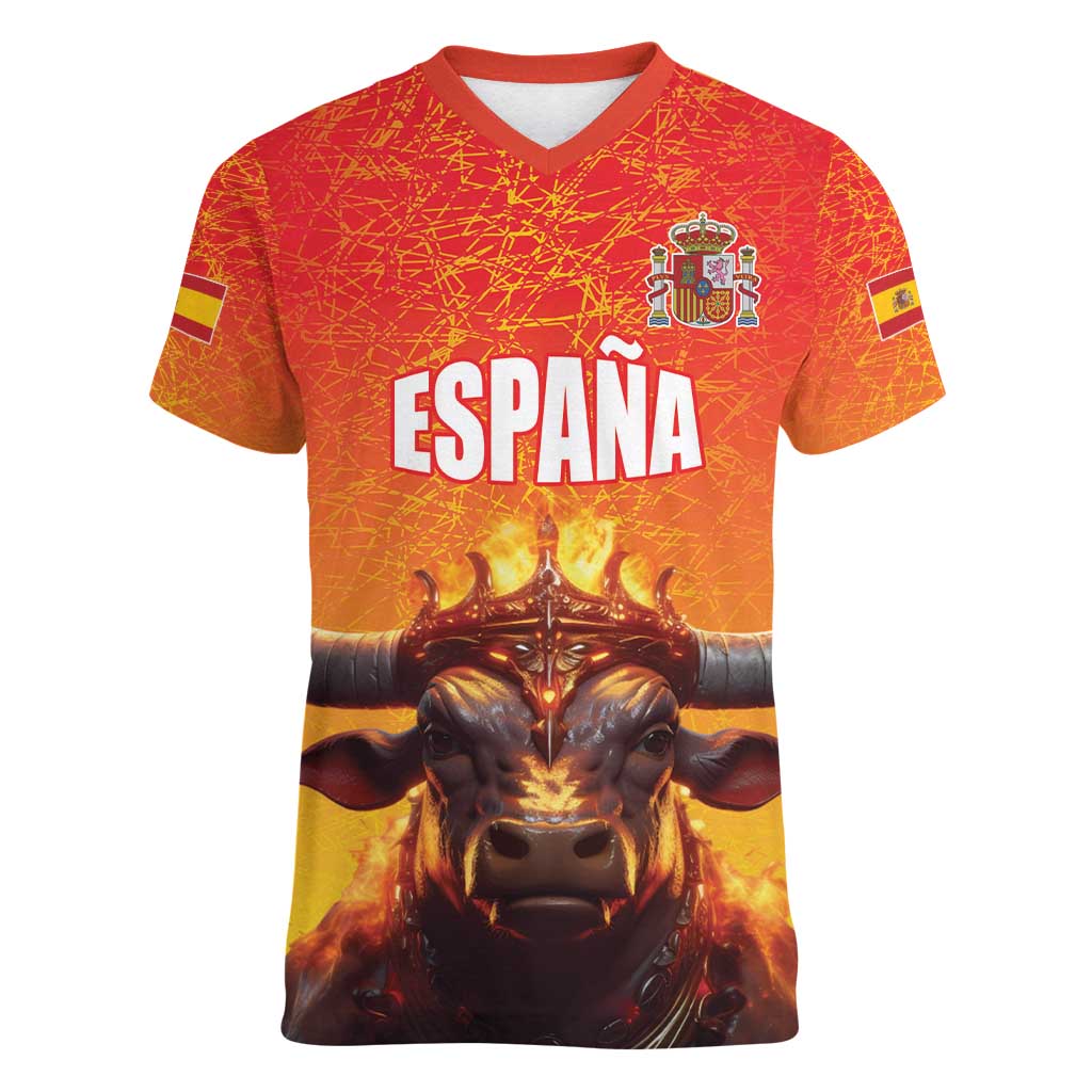 Personalized Spain Bull with Crown Women V-Neck T-Shirt Espana Flag with Coat of Arms