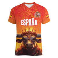 Personalized Spain Bull with Crown Women V-Neck T-Shirt Espana Flag with Coat of Arms