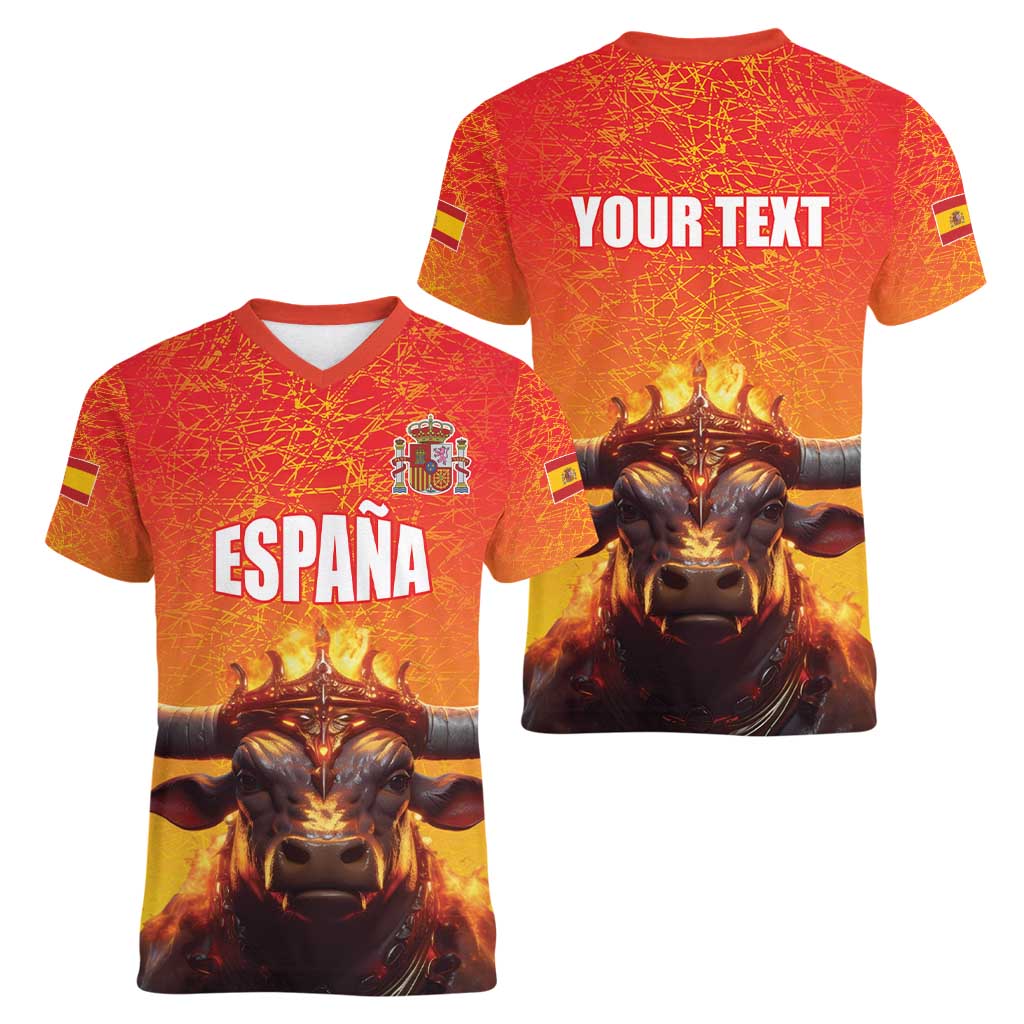 Personalized Spain Bull with Crown Women V-Neck T-Shirt Espana Flag with Coat of Arms