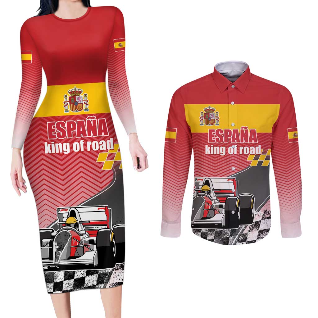 Custom Spain Formula One Couples Matching Long Sleeve Bodycon Dress and Long Sleeve Button Shirt Motorsport with Flag F1 World Championship
