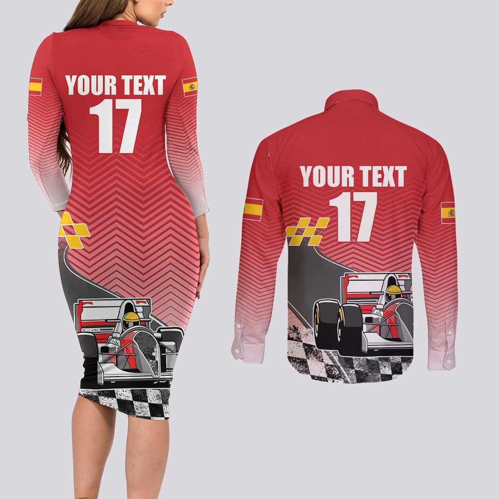 Custom Spain Formula One Couples Matching Long Sleeve Bodycon Dress and Long Sleeve Button Shirt Motorsport with Flag F1 World Championship
