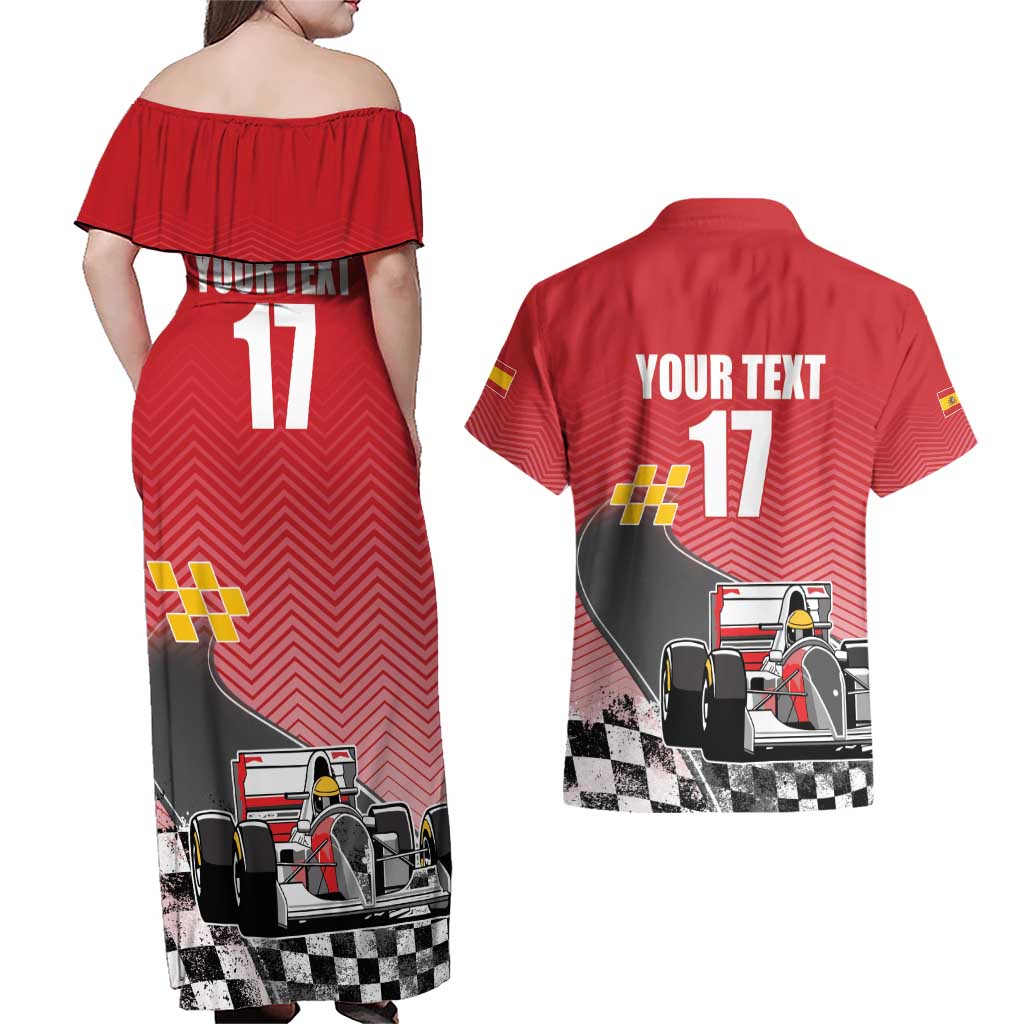 Custom Spain Formula One Couples Matching Off Shoulder Maxi Dress and Hawaiian Shirt Motorsport with Flag F1 World Championship