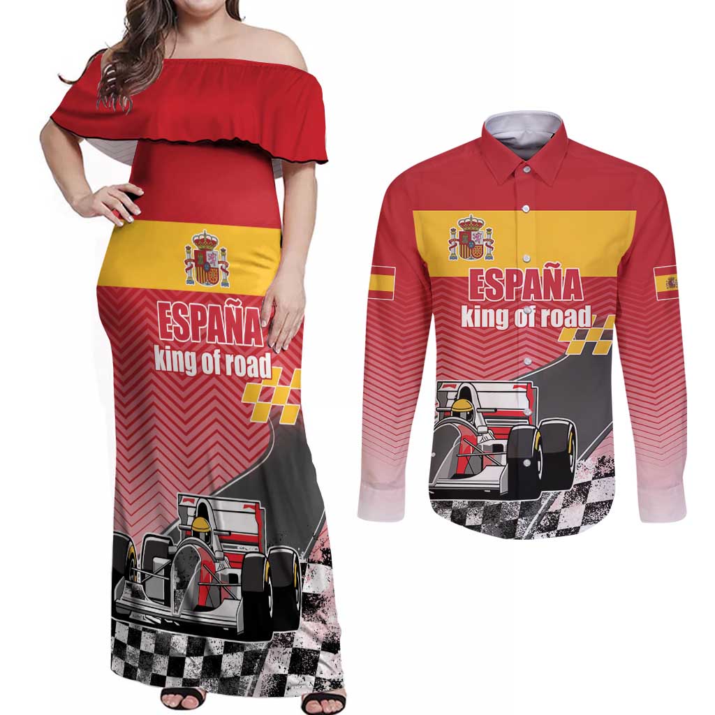 Custom Spain Formula One Couples Matching Off Shoulder Maxi Dress and Long Sleeve Button Shirt Motorsport with Flag F1 World Championship