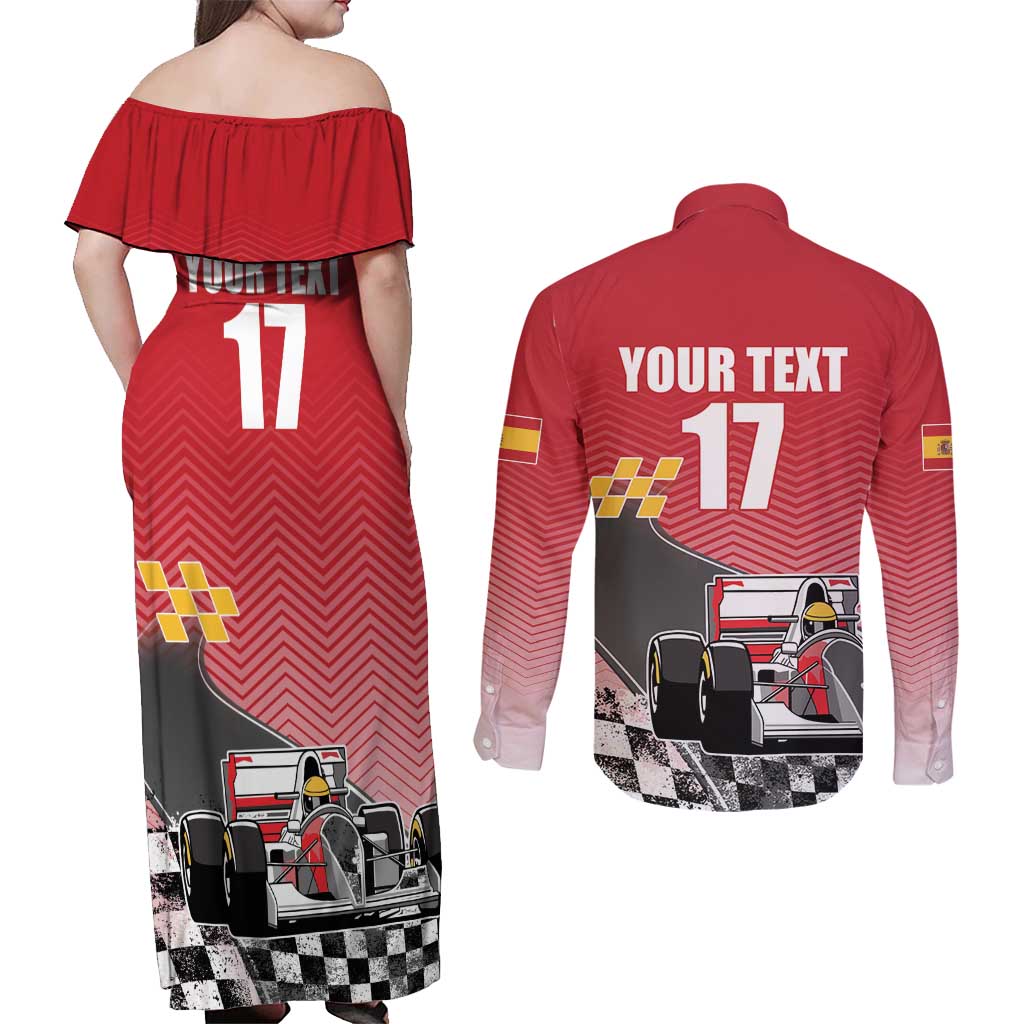 Custom Spain Formula One Couples Matching Off Shoulder Maxi Dress and Long Sleeve Button Shirt Motorsport with Flag F1 World Championship