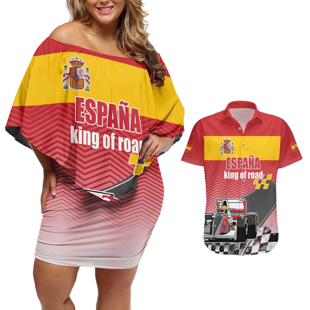 Custom Spain Formula One Couples Matching Off Shoulder Short Dress and Hawaiian Shirt Motorsport with Flag F1 World Championship