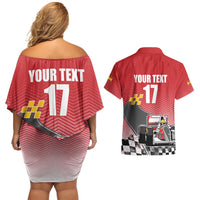 Custom Spain Formula One Couples Matching Off Shoulder Short Dress and Hawaiian Shirt Motorsport with Flag F1 World Championship
