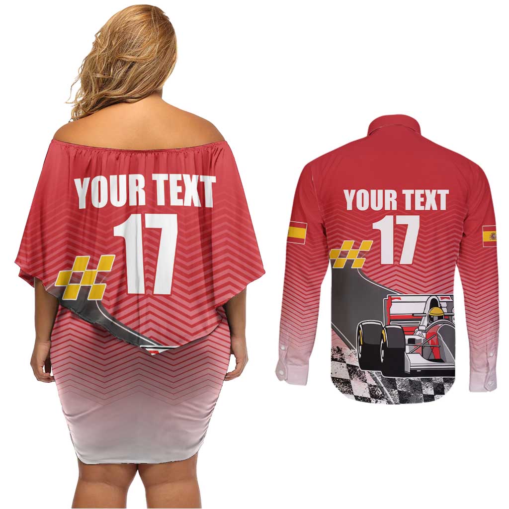Custom Spain Formula One Couples Matching Off Shoulder Short Dress and Long Sleeve Button Shirt Motorsport with Flag F1 World Championship