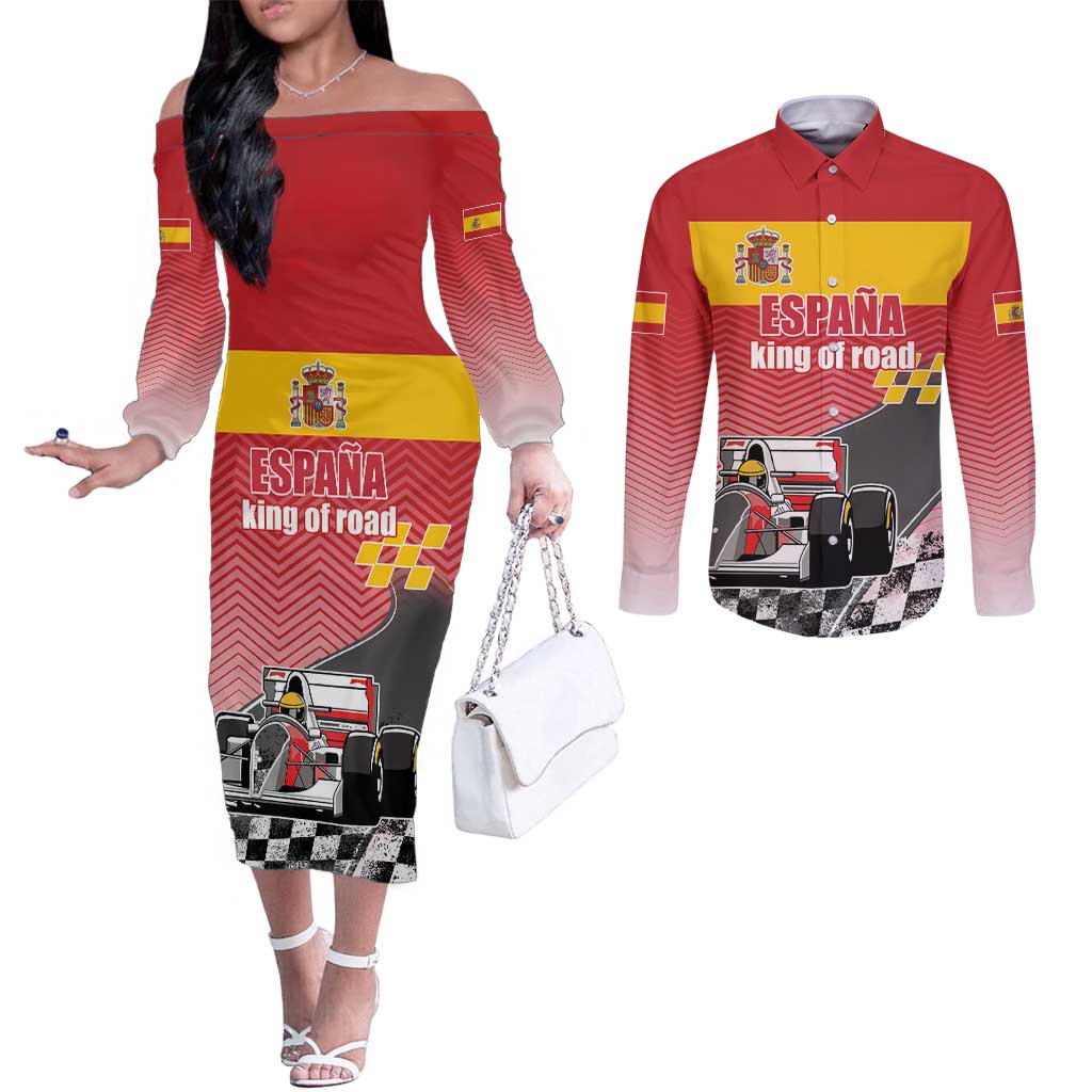 Custom Spain Formula One Couples Matching Off The Shoulder Long Sleeve Dress and Long Sleeve Button Shirt Motorsport with Flag F1 World Championship