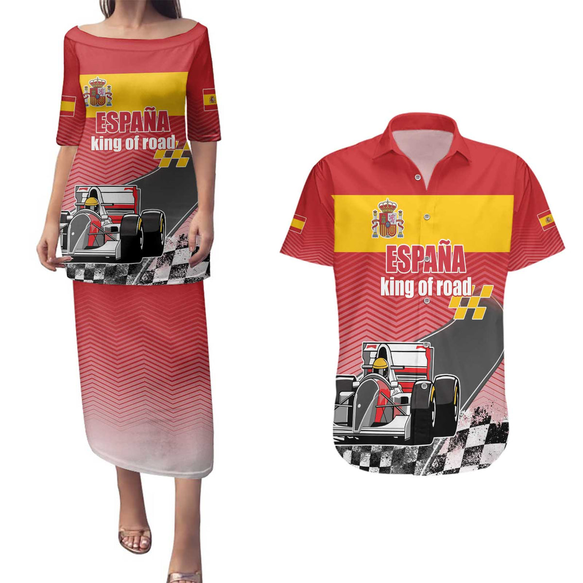 Custom Spain Formula One Couples Matching Puletasi and Hawaiian Shirt Motorsport with Flag F1 World Championship