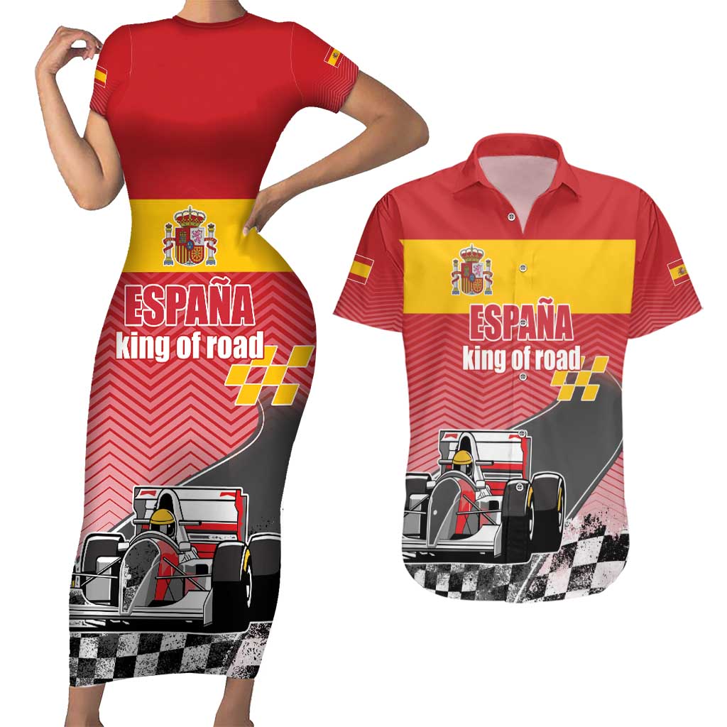 Custom Spain Formula One Couples Matching Short Sleeve Bodycon Dress and Hawaiian Shirt Motorsport with Flag F1 World Championship