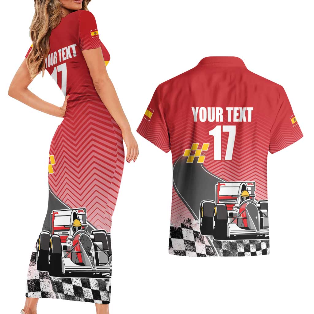 Custom Spain Formula One Couples Matching Short Sleeve Bodycon Dress and Hawaiian Shirt Motorsport with Flag F1 World Championship