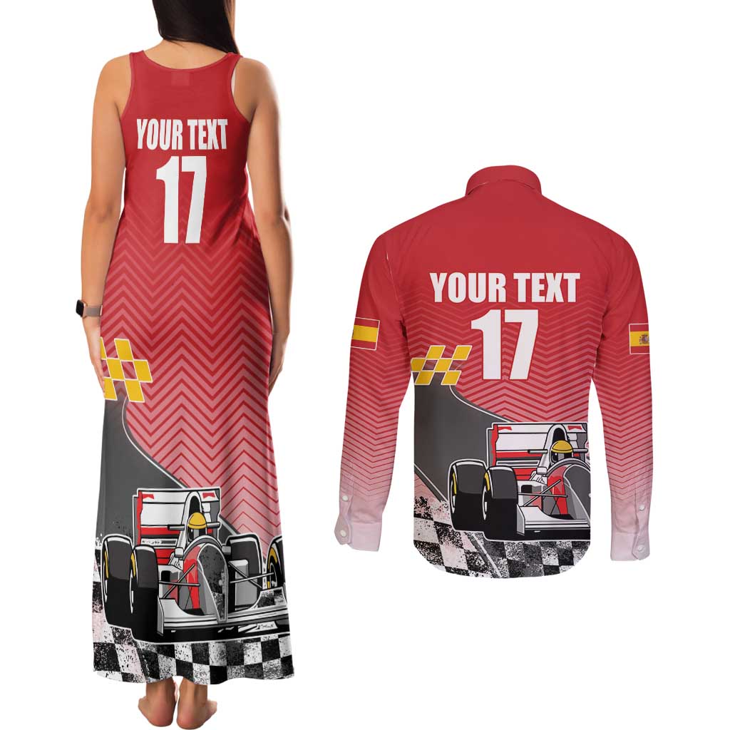 Custom Spain Formula One Couples Matching Tank Maxi Dress and Long Sleeve Button Shirt Motorsport with Flag F1 World Championship