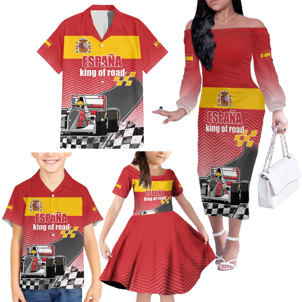 Custom Spain Formula One Family Matching Off The Shoulder Long Sleeve Dress and Hawaiian Shirt Motorsport with Flag F1 World Championship