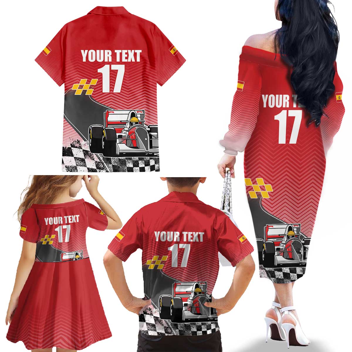 Custom Spain Formula One Family Matching Off The Shoulder Long Sleeve Dress and Hawaiian Shirt Motorsport with Flag F1 World Championship