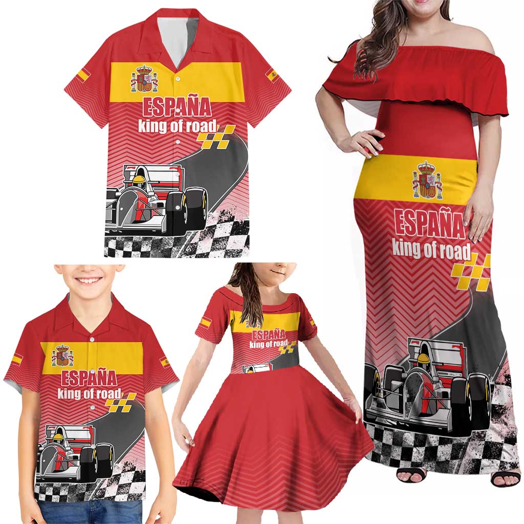 Custom Spain Formula One Family Matching Off Shoulder Maxi Dress and Hawaiian Shirt Motorsport with Flag F1 World Championship