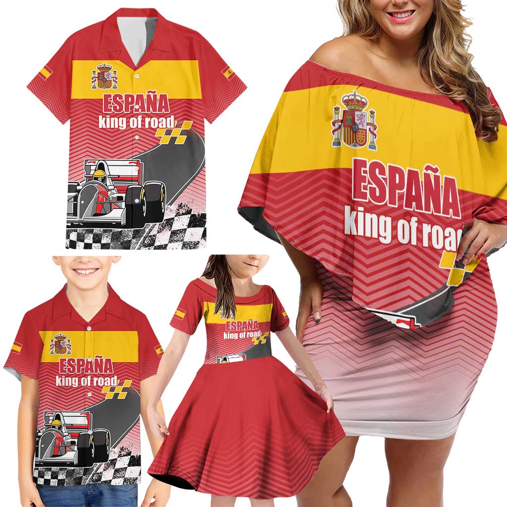 Custom Spain Formula One Family Matching Off Shoulder Short Dress and Hawaiian Shirt Motorsport with Flag F1 World Championship