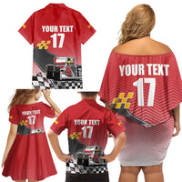 Custom Spain Formula One Family Matching Off Shoulder Short Dress and Hawaiian Shirt Motorsport with Flag F1 World Championship