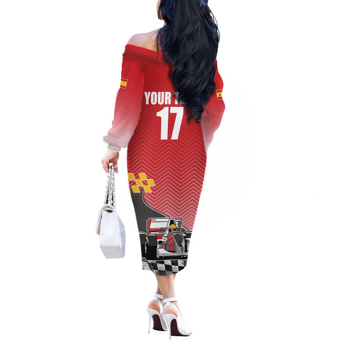 Custom Spain Formula One Off The Shoulder Long Sleeve Dress Motorsport with Flag F1 World Championship