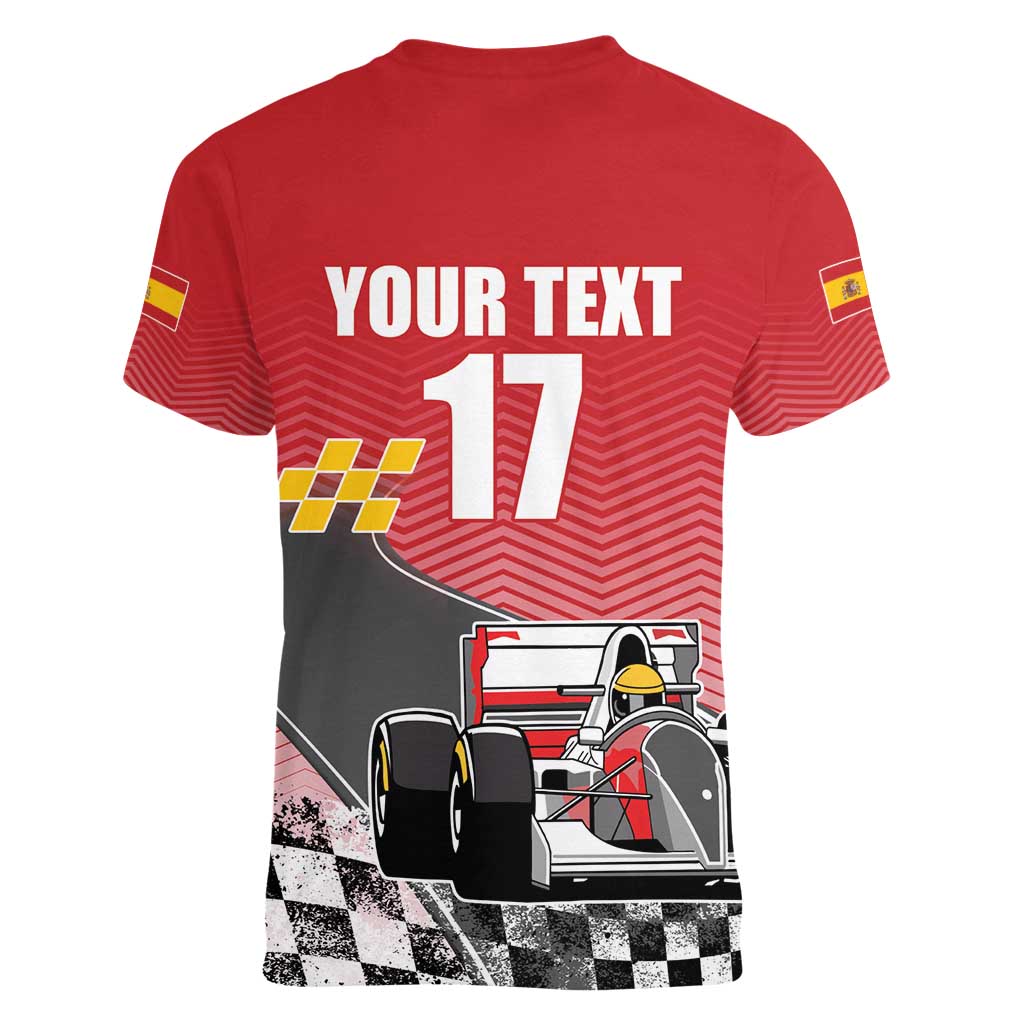 Custom Spain Formula One Women V-Neck T-Shirt Motorsport with Flag F1 World Championship