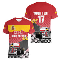 Custom Spain Formula One Women V-Neck T-Shirt Motorsport with Flag F1 World Championship