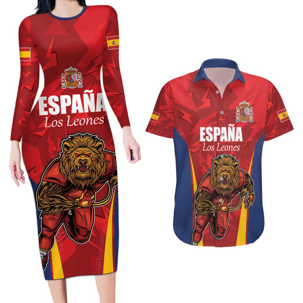 Custom Espana Rugby Spain Couples Matching Long Sleeve Bodycon Dress and Hawaiian Shirt Lion Mascot Come on Los Leones Red Style