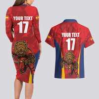 Custom Espana Rugby Spain Couples Matching Long Sleeve Bodycon Dress and Hawaiian Shirt Lion Mascot Come on Los Leones Red Style