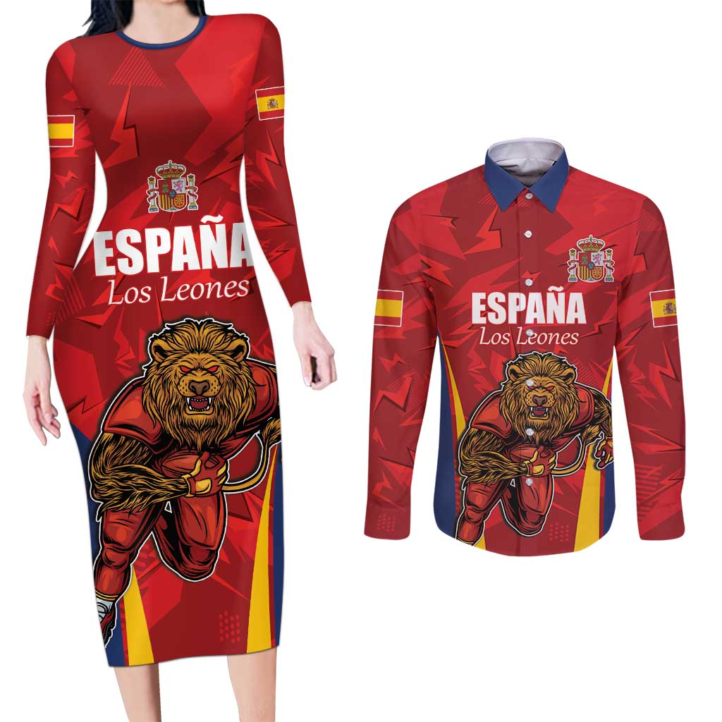 Custom Espana Rugby Spain Couples Matching Long Sleeve Bodycon Dress and Long Sleeve Button Shirt Lion Mascot Come on Los Leones Red Style