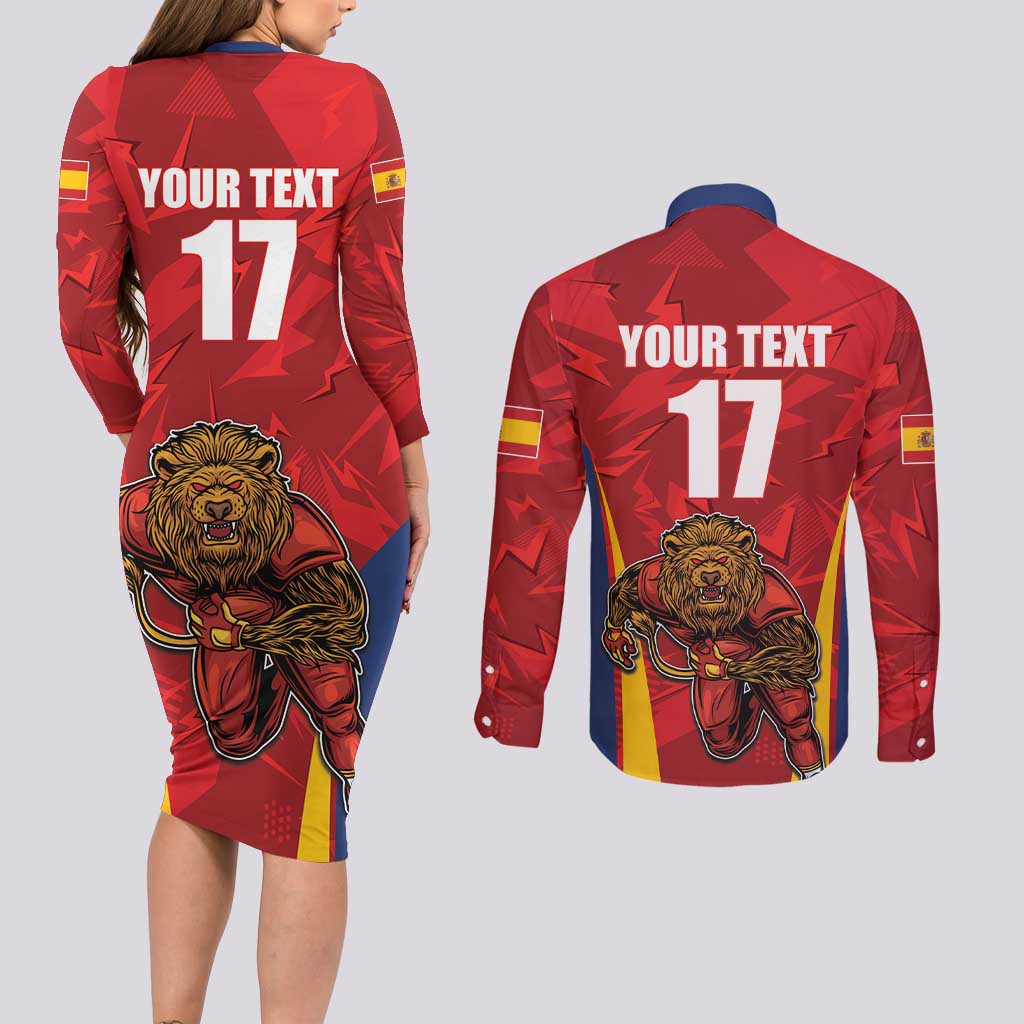 Custom Espana Rugby Spain Couples Matching Long Sleeve Bodycon Dress and Long Sleeve Button Shirt Lion Mascot Come on Los Leones Red Style