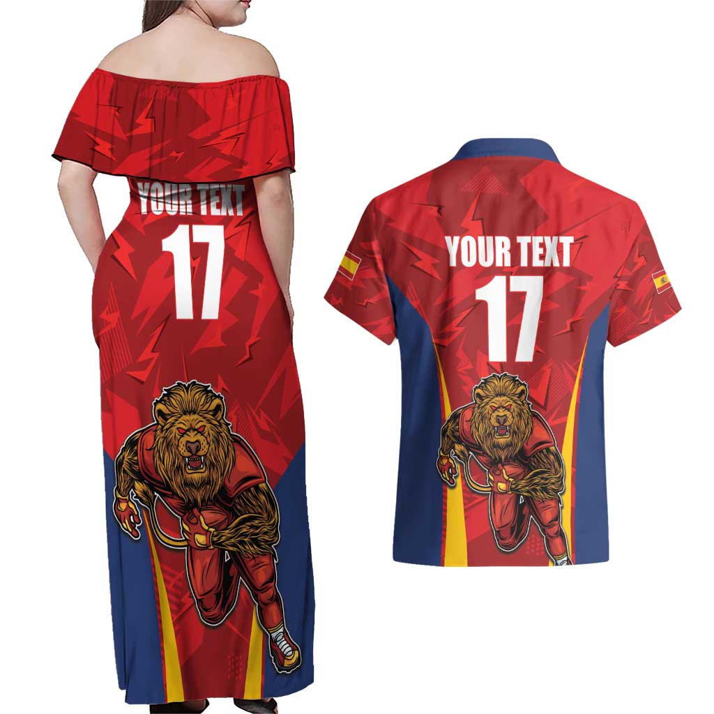 Custom Espana Rugby Spain Couples Matching Off Shoulder Maxi Dress and Hawaiian Shirt Lion Mascot Come on Los Leones Red Style