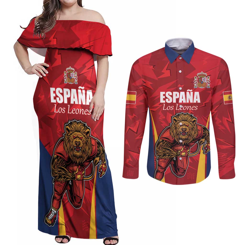 Custom Espana Rugby Spain Couples Matching Off Shoulder Maxi Dress and Long Sleeve Button Shirt Lion Mascot Come on Los Leones Red Style