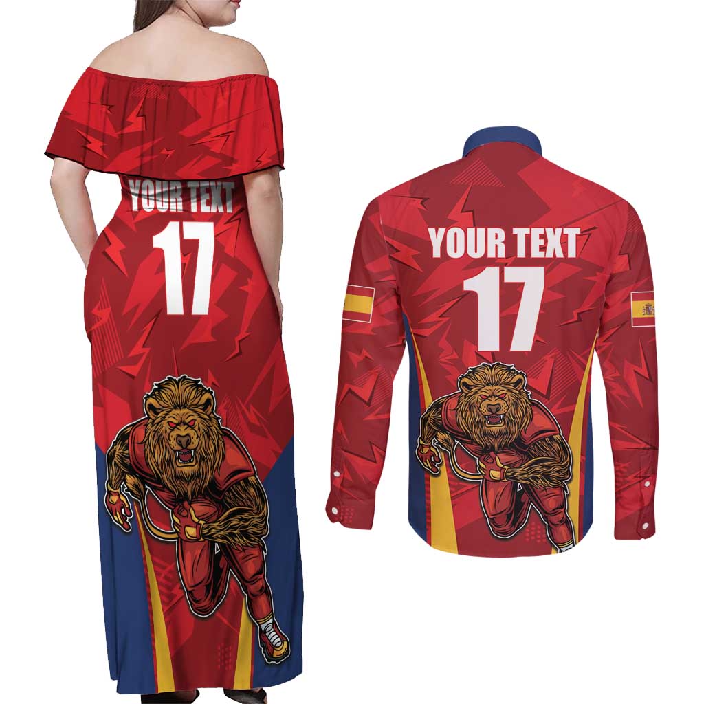 Custom Espana Rugby Spain Couples Matching Off Shoulder Maxi Dress and Long Sleeve Button Shirt Lion Mascot Come on Los Leones Red Style