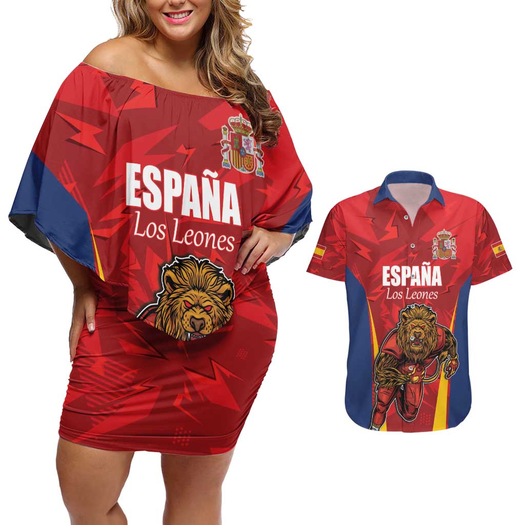 Custom Espana Rugby Spain Couples Matching Off Shoulder Short Dress and Hawaiian Shirt Lion Mascot Come on Los Leones Red Style
