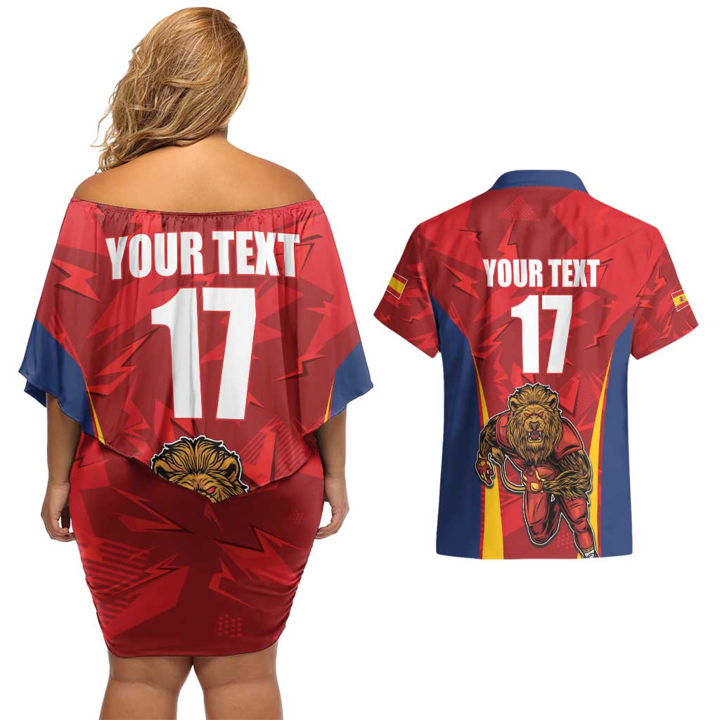 Custom Espana Rugby Spain Couples Matching Off Shoulder Short Dress and Hawaiian Shirt Lion Mascot Come on Los Leones Red Style