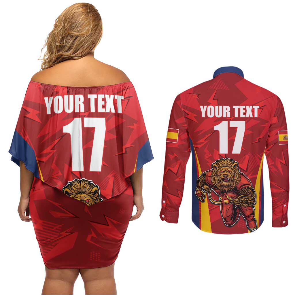 Custom Espana Rugby Spain Couples Matching Off Shoulder Short Dress and Long Sleeve Button Shirt Lion Mascot Come on Los Leones Red Style