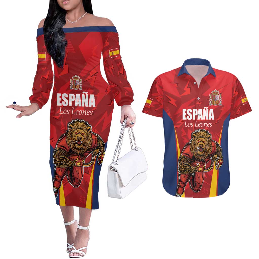 Custom Espana Rugby Spain Couples Matching Off The Shoulder Long Sleeve Dress and Hawaiian Shirt Lion Mascot Come on Los Leones Red Style