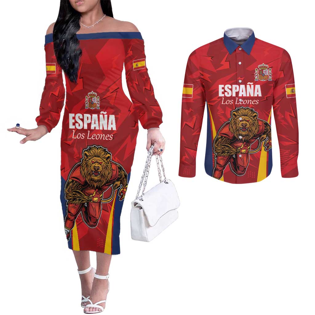 Custom Espana Rugby Spain Couples Matching Off The Shoulder Long Sleeve Dress and Long Sleeve Button Shirt Lion Mascot Come on Los Leones Red Style