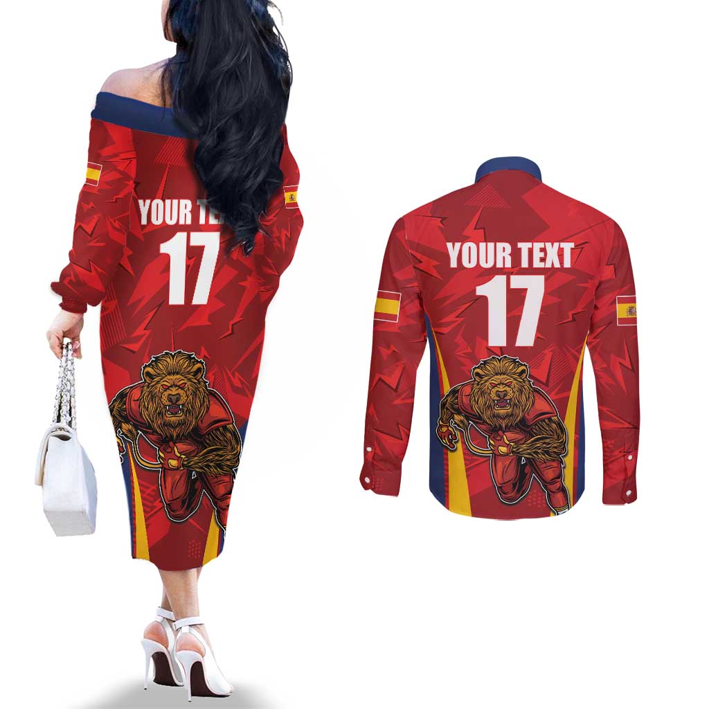 Custom Espana Rugby Spain Couples Matching Off The Shoulder Long Sleeve Dress and Long Sleeve Button Shirt Lion Mascot Come on Los Leones Red Style
