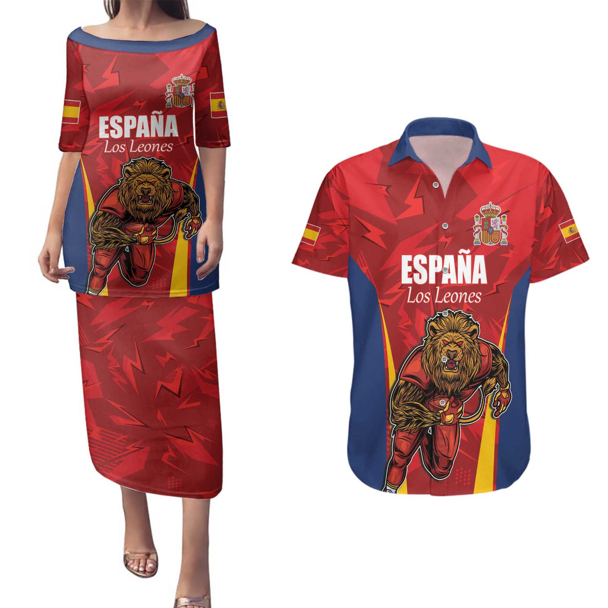 Custom Espana Rugby Spain Couples Matching Puletasi and Hawaiian Shirt Lion Mascot Come on Los Leones Red Style
