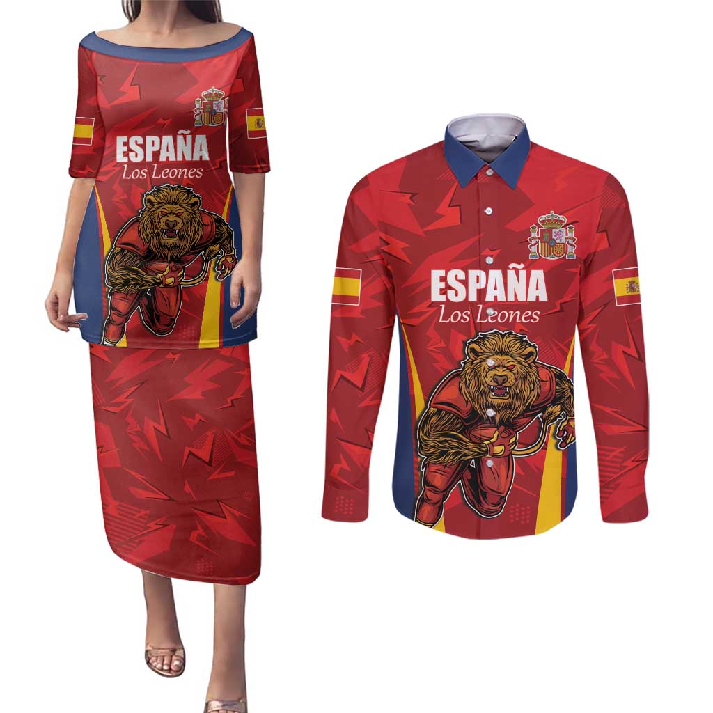 Custom Espana Rugby Spain Couples Matching Puletasi and Long Sleeve Button Shirt Lion Mascot Come on Los Leones Red Style