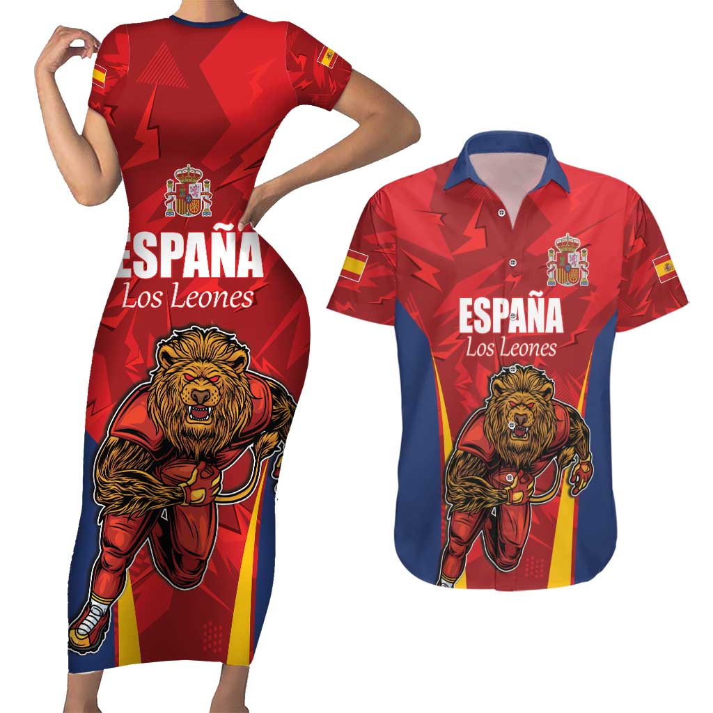 Custom Espana Rugby Spain Couples Matching Short Sleeve Bodycon Dress and Hawaiian Shirt Lion Mascot Come on Los Leones Red Style