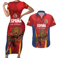Custom Espana Rugby Spain Couples Matching Short Sleeve Bodycon Dress and Hawaiian Shirt Lion Mascot Come on Los Leones Red Style